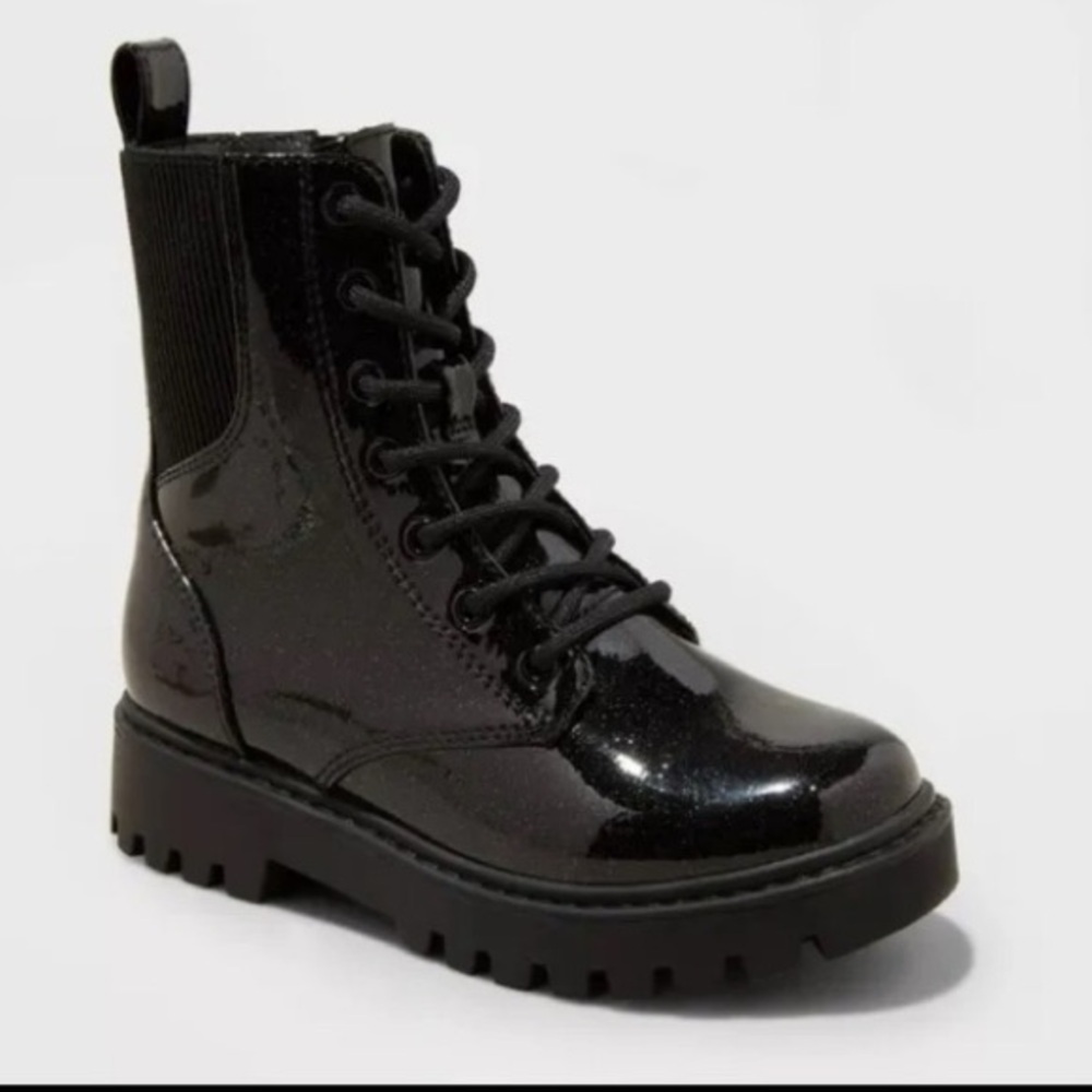 Art Class Shiny Black Combat Girl's Boots Size 2